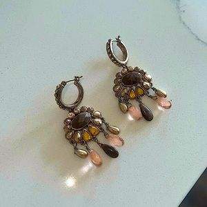 Brown gold and pink hoop dangly earrings